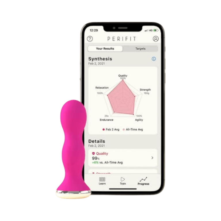 Perifit Kegel Trainer og app på mobilskjerm viser treningsresultater for bekkenbunnsmuskulatur